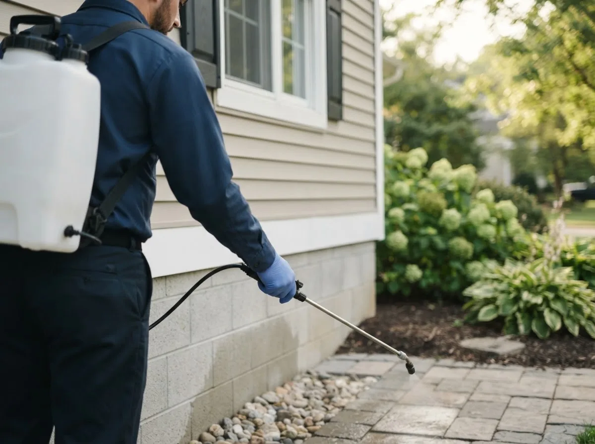 Pest control technician inspecting a home in Burneyville, OK